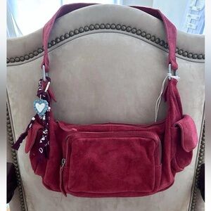 Free People Siren Leather Suede Garnet Red Shoulder Bag with Shyanne Bag Charm